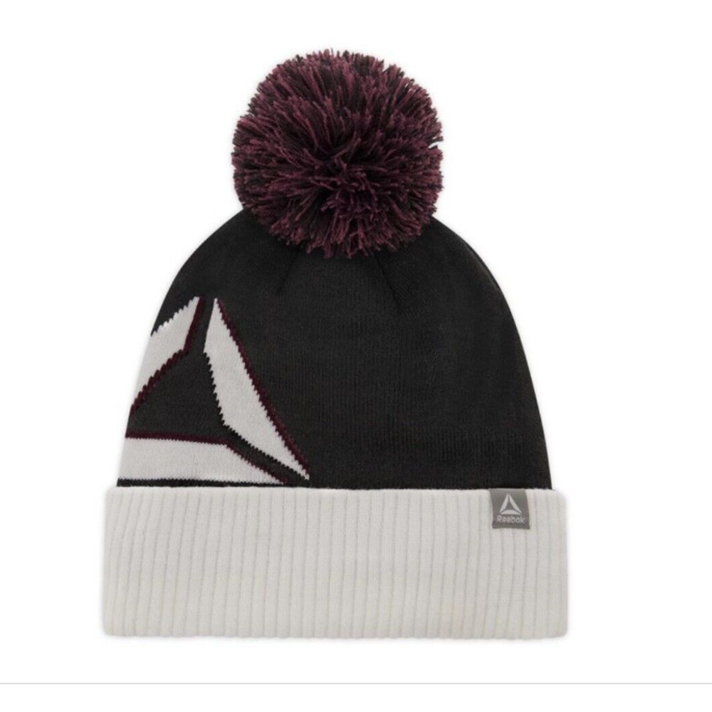 Reebok Women's Logo Intarsia Pom Pom Beanie NWT Color Black with White Trim